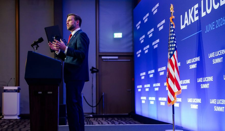 Vice President J.D. Vance speaks to members of the media after the U.S. and Iran held high-level talks at the Bürgenstock Resort in Obbuergen, near Lucerne, in Switzerland, Monday, June 22, 2026. (Nathan Howard/Pool Photo via AP)