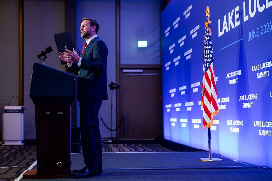 Vice President J.D. Vance speaks to members of the media after the U.S. and Iran held high-level talks at the Bürgenstock Resort in Obbuergen, near Lucerne, in Switzerland, Monday, June 22, 2026. (Nathan Howard/Pool Photo via AP)