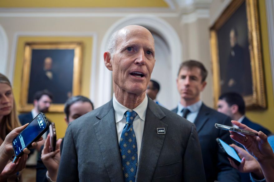 Sen. Rick Scott, R-Fla., chair of the Senate Republican Steering Committee, speaks to reporters as he arrives for a closed-door meeting at the Capitol in Washington, Tuesday, June 23, 2026, to prepare for a meeting with President Donald Trump Wednesday. (AP Photo/J. Scott Applewhite)
