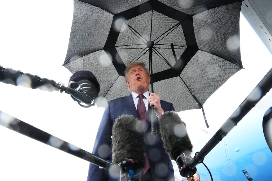 President Donald Trump speaks to the media after disembarking Air Force One at Reading Regional Airport, Tuesday, June 23, 2026, in Reading, Pa. (AP Photo/Julia Demaree Nikhinson)