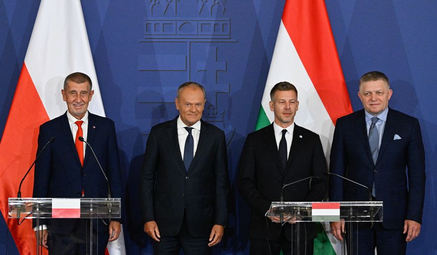 From left, Czech Republic's Premier Andrej Babis, Poland's Premier Donald Tusk, Hungary's Premier Peter Magyar and Slovakia's Premier Robert Fico arrive for a press conference to conclude the one-day the summit of the Visegrad Group (V4) countries in the Royal Castle in Godollo, northern Hungary, Tuesday, June 23, 2026. (Robert Hegedus/MTI via AP)