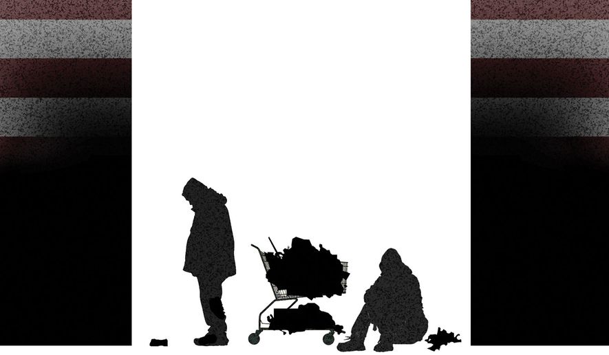 The United States of America's homeless and housing illustration by Alexander Hunter/The Washington Times