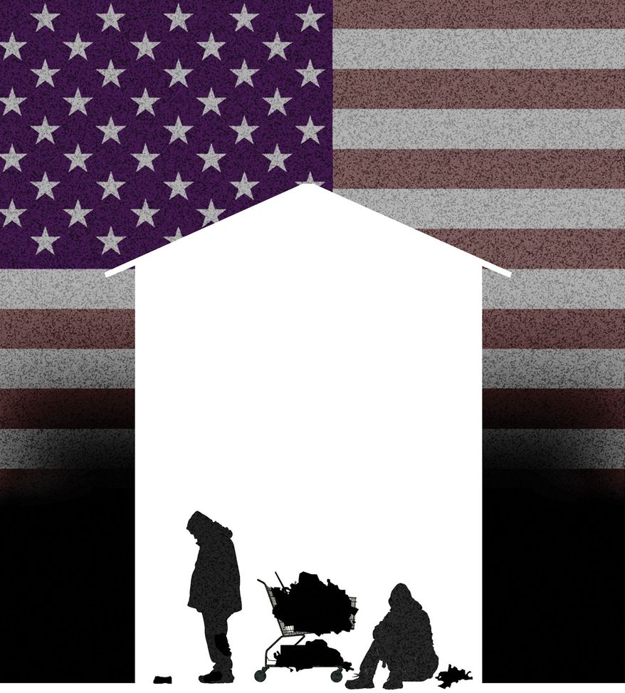 The United States of America's homeless and housing illustration by Alexander Hunter/The Washington Times