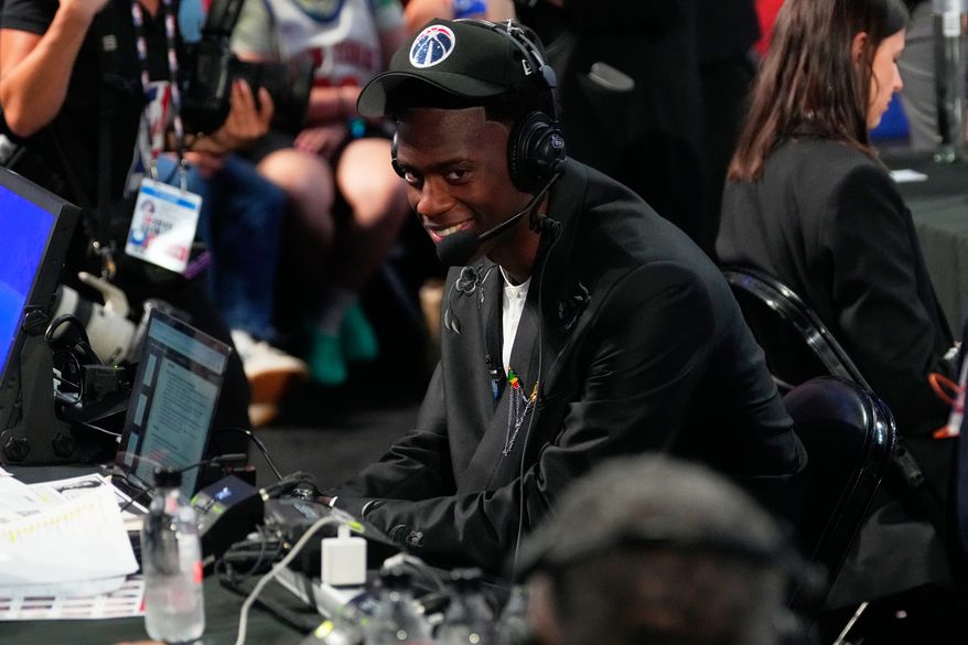 AJ Dybantsa is interviewed after being chosen by the Washington Wizards as the first pick in the first round of the NBA basketball draft, Tuesday, June 23, 2026, in New York. (AP Photo/Yuki Iwamura)