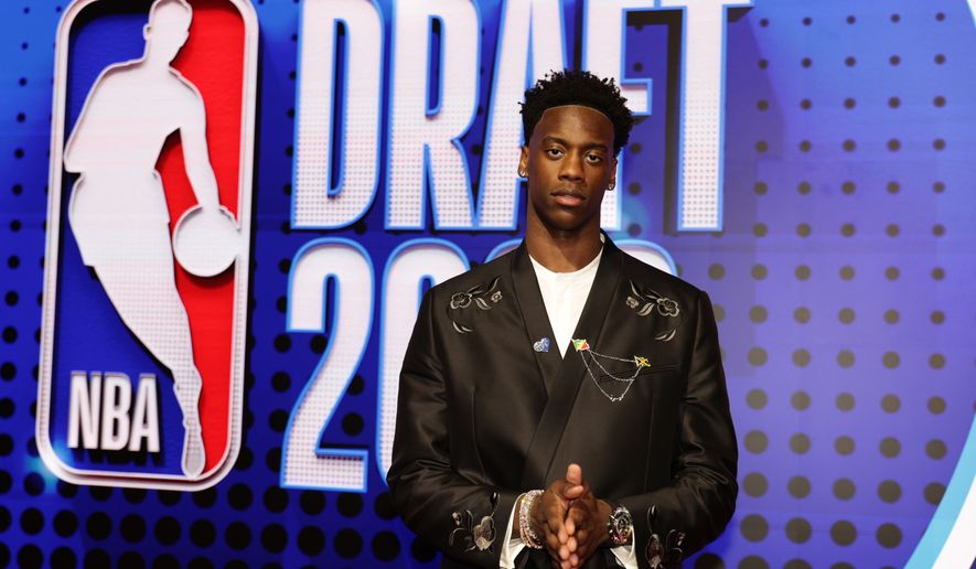 A.J. Dybantsa arrives for the first round of the NBA basketball draft Tuesday, June 23, 2026, in New York. (AP Photo/Adam Hunger)