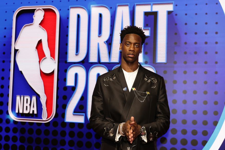A.J. Dybantsa arrives for the first round of the NBA basketball draft Tuesday, June 23, 2026, in New York. (AP Photo/Adam Hunger)