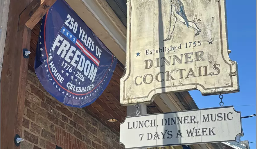 The Old '76 House in Tappan, New York, flies a flag commemorating America's 250th anniversary on Wednesday, June 3, 2026. The tavern is said to have been a favorite of George Washington during the revolution. (Juliet La Sala / The Washington Times)