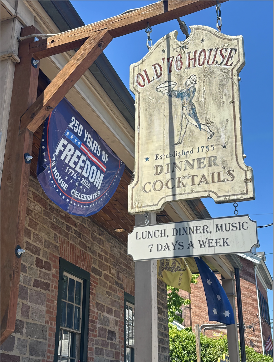 The Old '76 House in Tappan, New York, flies a flag commemorating America's 250th anniversary on Wednesday, June 3, 2026. The tavern is said to have been a favorite of George Washington during the revolution. (Juliet La Sala / The Washington Times)