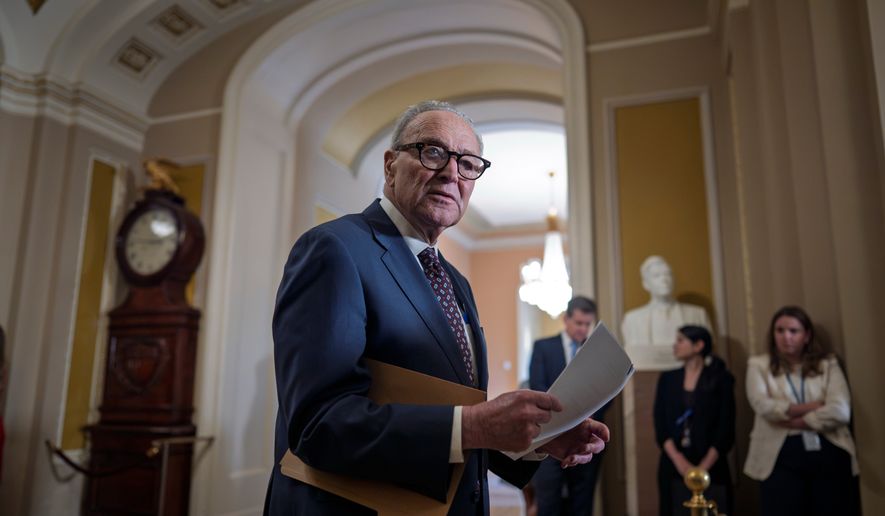 Senate Minority Leader Chuck Schumer, D-N.Y., speaks to reporters at the Capitol in Washington, Tuesday, June 23, 2026. (AP Photo/J. Scott Applewhite)