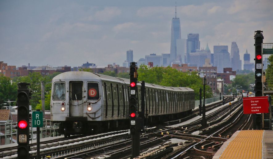 FILE - A subway approaches an above ground station in the Brooklyn borough of New York with the New York City skyline in the background, June 21, 2017. (AP Photo/Bebeto Matthews, File)