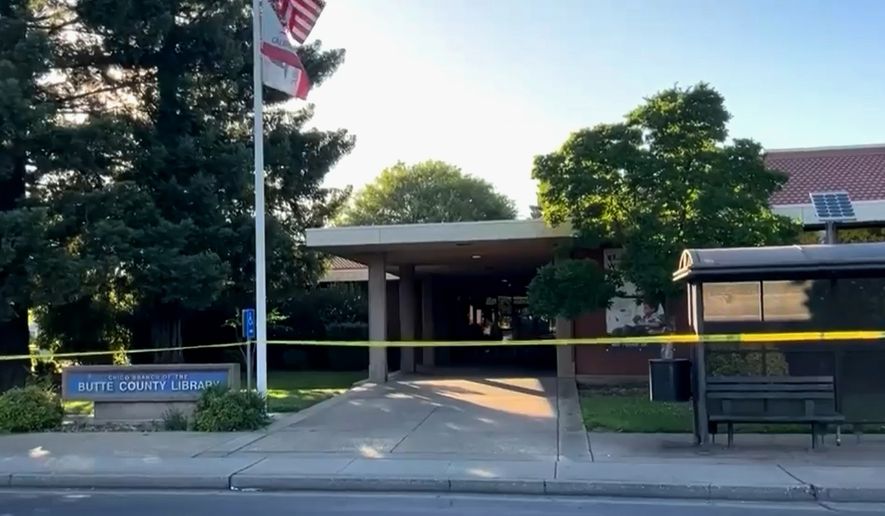 This image made from video provided by KRCR-TV shows Butte County Library, Chico branch, in Chico, Calif., Monday, June 22, 2026. (KRCR-TV via AP)