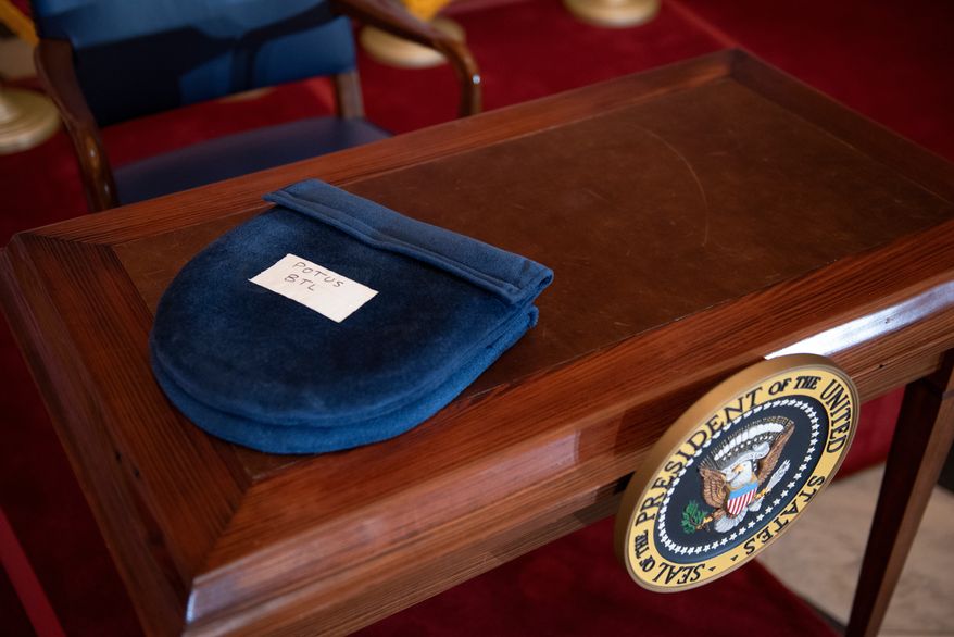 A signing desk is prepared for President Donald Trump to sign the 21st Century ROAD to Housing Act in Statuary Hall, in the Capitol, in Washington, Wednesday, June 24, 2026. (AP Photo/Cliff Owen)
