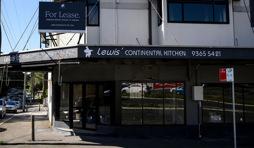 A "For Lease" sign is displayed at the Lewis' Continental Kitchen in Bondi, Sydney, Australia, Aug. 26, 2025. (Bianca De Marchi/AAP Image via AP)