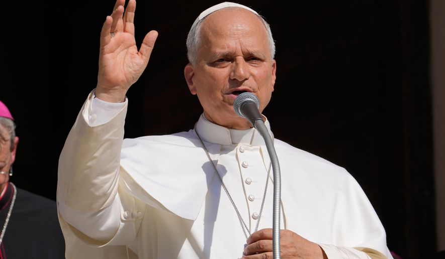 FILE - Pope Leo XIV delivers his blessing as he visits Pavia's Cathedral, northern Italy, on June 20, 2026. (AP Photo/Luca Bruno, File)