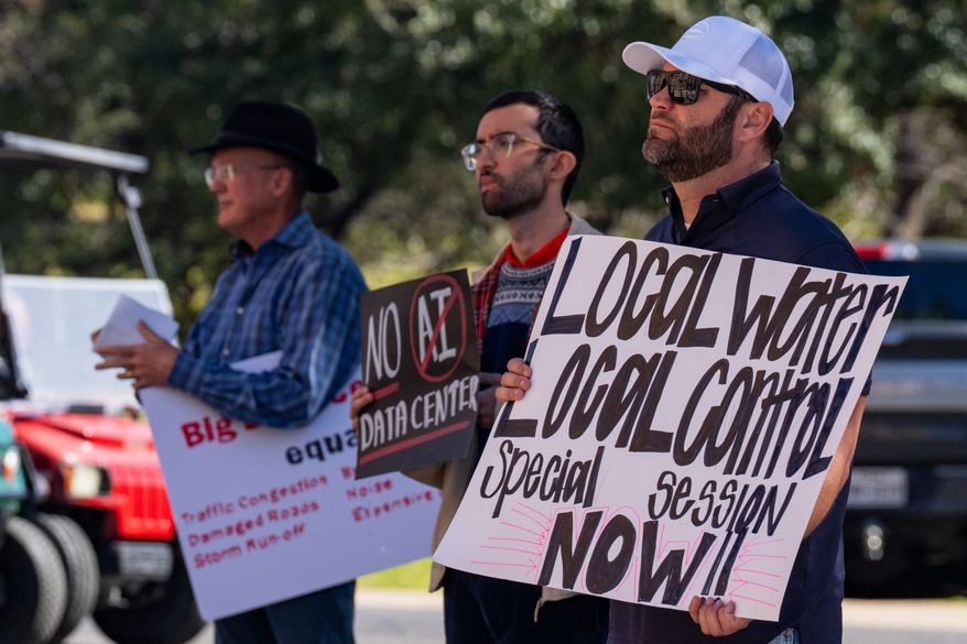Advocacy groups and community members protest laws surrounding data centers while outside the Texas Capitol in Austin, Texas, on Feb. 23, 2026. (Mikala Compton/Austin American-Statesman via AP) **FILE**