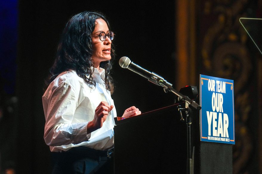 Democratic congressional candidate Claire Valdez speaks during a Get Out The Vote rally ahead of New York's primary election, Thursday, June 18, 2026, in the Brooklyn borough of New York. (AP Photo/Ryan Murphy)