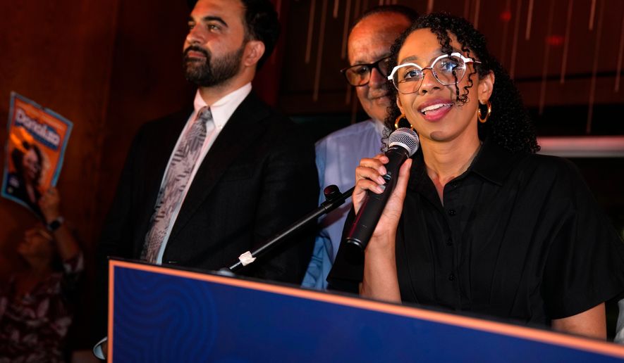 Democratic congressional candidate Darializa Avila Chevalier speaks to her supporters during an election night watch party Tuesday, June 23, 2026, in New York. (AP Photo/Seth Wenig)