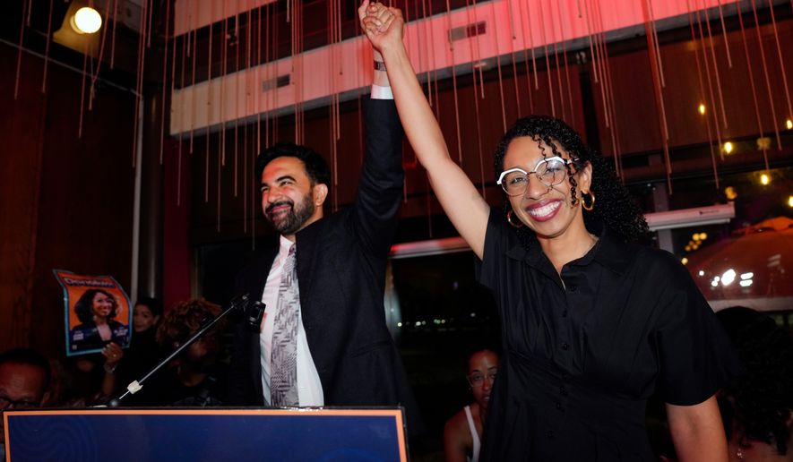 New York City Mayor Zohran Mamdani, celebrates with Democratic congressional candidate Darializa Avila Chevalier during an election night watch party Tuesday, June 23, 2026, in New York. (AP Photo/Seth Wenig)