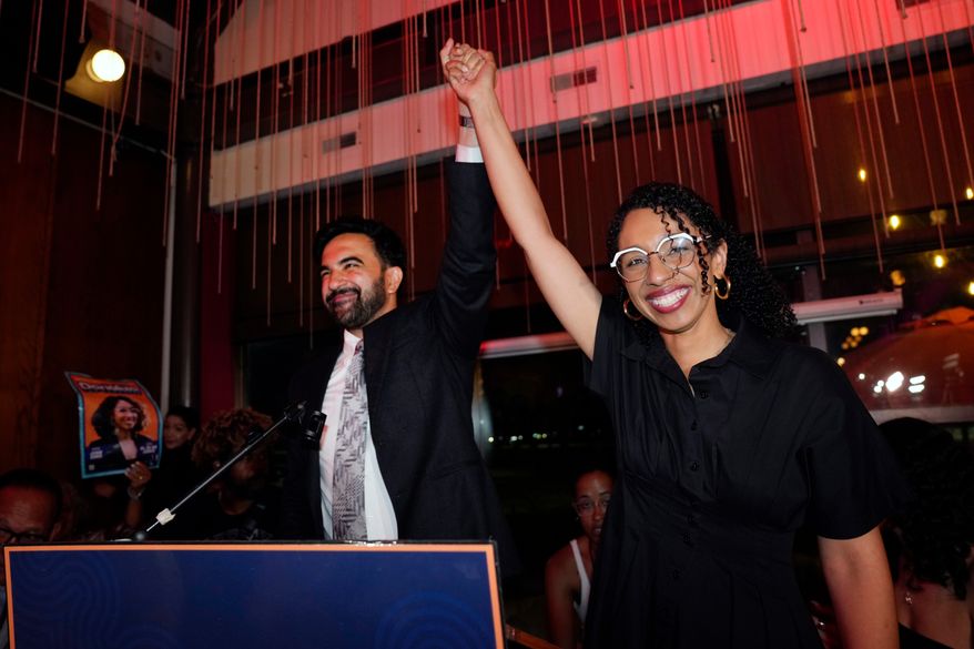 New York City Mayor Zohran Mamdani, celebrates with Democratic congressional candidate Darializa Avila Chevalier during an election night watch party Tuesday, June 23, 2026, in New York. (AP Photo/Seth Wenig)