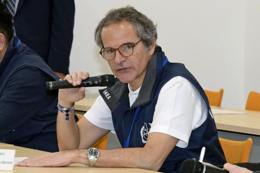 International Atomic Energy Agency Director-General Rafael Grossi speaks during a meeting with Tokyo Electric Power Company Holdings officials at Fukushima Daiichi nuclear power plant in Okuma, Fukushima prefecture, Japan, Wednesday, June 24, 2026. (Kyodo News via AP)