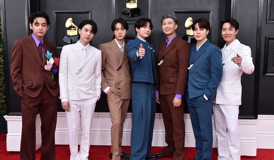 Korean group BTS appears at the 64th Annual Grammy Awards in Las Vegas on April 3, 2022. (Photo by Jordan Strauss/Invision/AP) ** FILE **