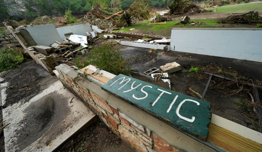 A Camp Mystic sign is seen near the entrance to the establishment along the banks of the Guadalupe River in Hunt, Texas, July 5, 2025, after a flash flood swept through the area. (AP Photo/Julio Cortez) **FILE**