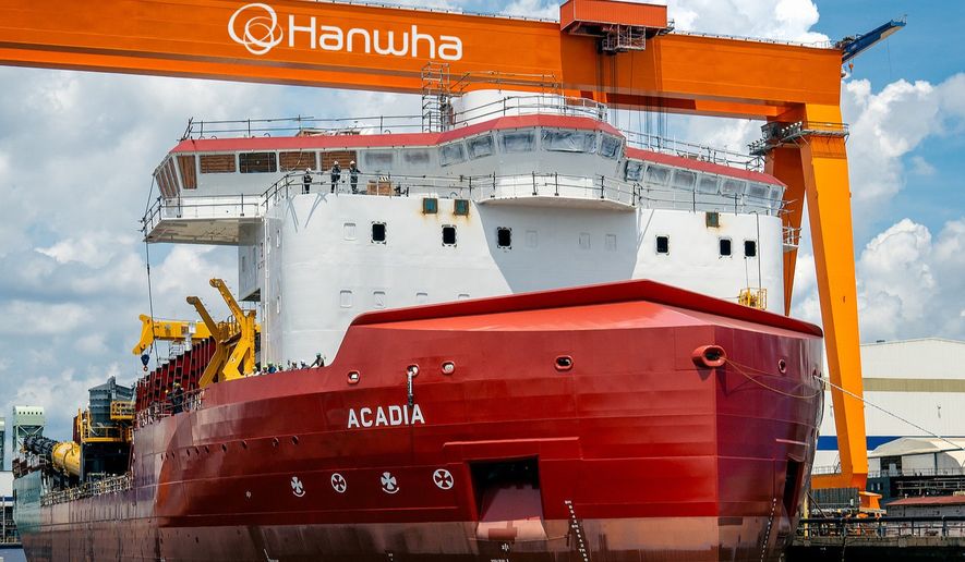 Hanwha Philly Shipyard Inc. (HPSI) in Philadelphia announced the successful delivery of Acadia, a Subsea Rock Installation Vessel (SRIV), to Great Lakes Dredge & Dock Co. LLC (Great Lakes) on June 25, 2026. (ACCESS Newswire image via AP wire) ** FILE **