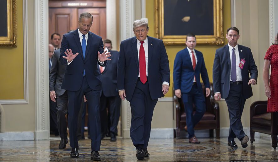 President Donald Trump, escorted by Senate Majority Leader John Thune, R-S.D., heads to a meeting with Senate Republicans at the Capitol in Washington, Wednesday, June 24, 2026. (AP Photo/J. Scott Applewhite)