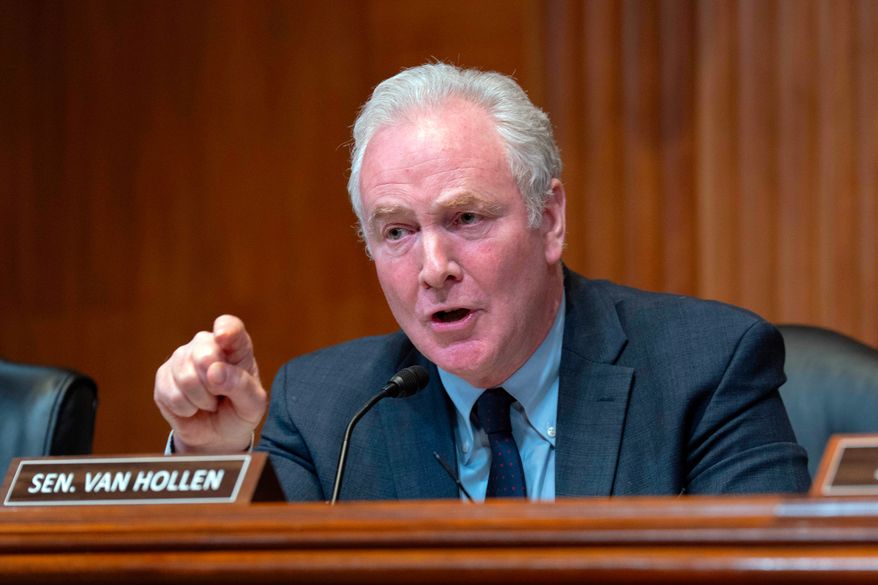 Sen. Chris Van Hollen, D-Md., speaks during the Senate Subcommittee on Commerce, Justice, Science and Related Agencies hearing on Capitol Hill, May 12, 2026, in Washington. (AP Photo/Jose Luis Magana, File)