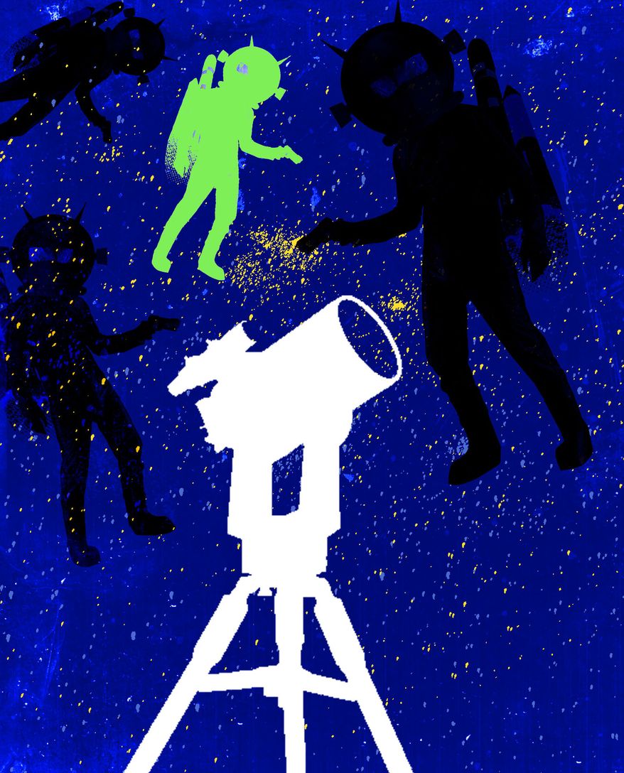 Extraterrestrials and UFOs (unidentified flying objects) visiting Earth illustration by Linas Garsys / The Washington Times