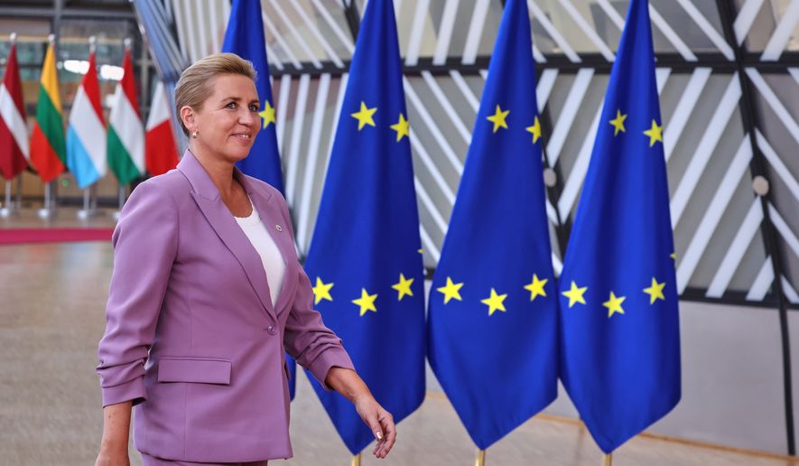 Denmark's Prime Minister Mette Frederiksen arrives for the EU summit in Brussels, Thursday, June 18, 2026. (AP Photo/Omar Havana) ** FILE **