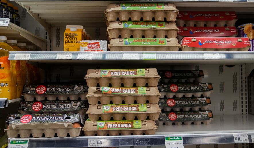 FILE - Eggs are for sale at a grocery store Tuesday, Feb. 10, 2026, in Chicago. (AP Photo/Erin Hooley,File)