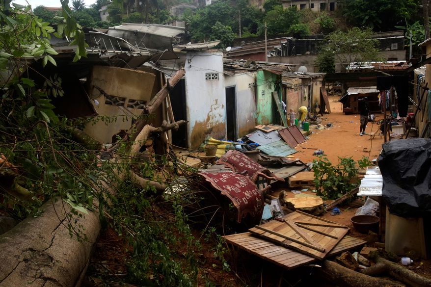 Houses damaged by landslides in an informal settlement of Attecoube, in Abidjan, Ivory Coast, Tuesday, June 30, 2026. (AP/Photo Diomande Ble Blonde)