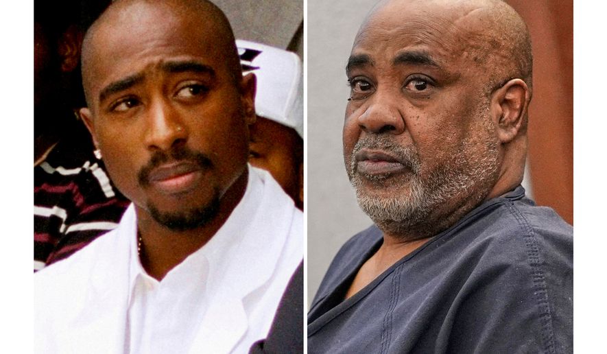 Rapper Tupac Shakur attends a voter registration event in South Central Los Angeles on Aug. 15, 1996, left, and Duane "Keffe D" Davis appears in District Court for his involvement in the 1996 killing of Shakur in Las Vegas on Feb. 18, 2025. (AP Photo)
