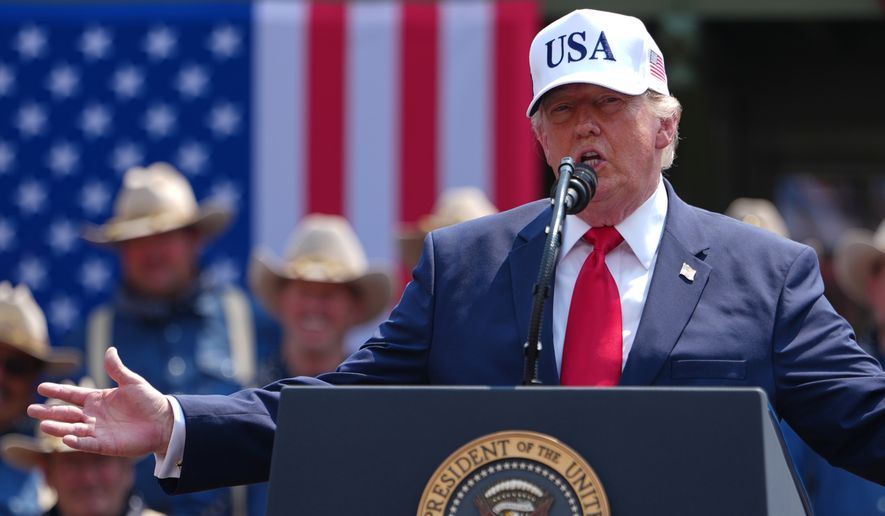 President Donald Trump speaks at Burning Hills Amphitheatre during the Theodore Roosevelt Presidential Library opening ceremony, Wednesday, July 1, 2026, in Medora, N.D. (AP Photo/Julia Demaree Nikhinson)
