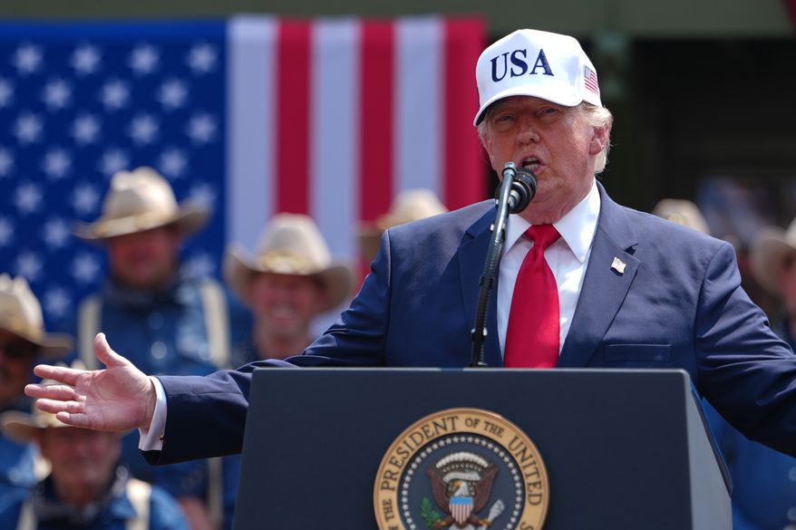 President Donald Trump speaks at Burning Hills Amphitheatre during the Theodore Roosevelt Presidential Library opening ceremony, Wednesday, July 1, 2026, in Medora, N.D. (AP Photo/Julia Demaree Nikhinson)
