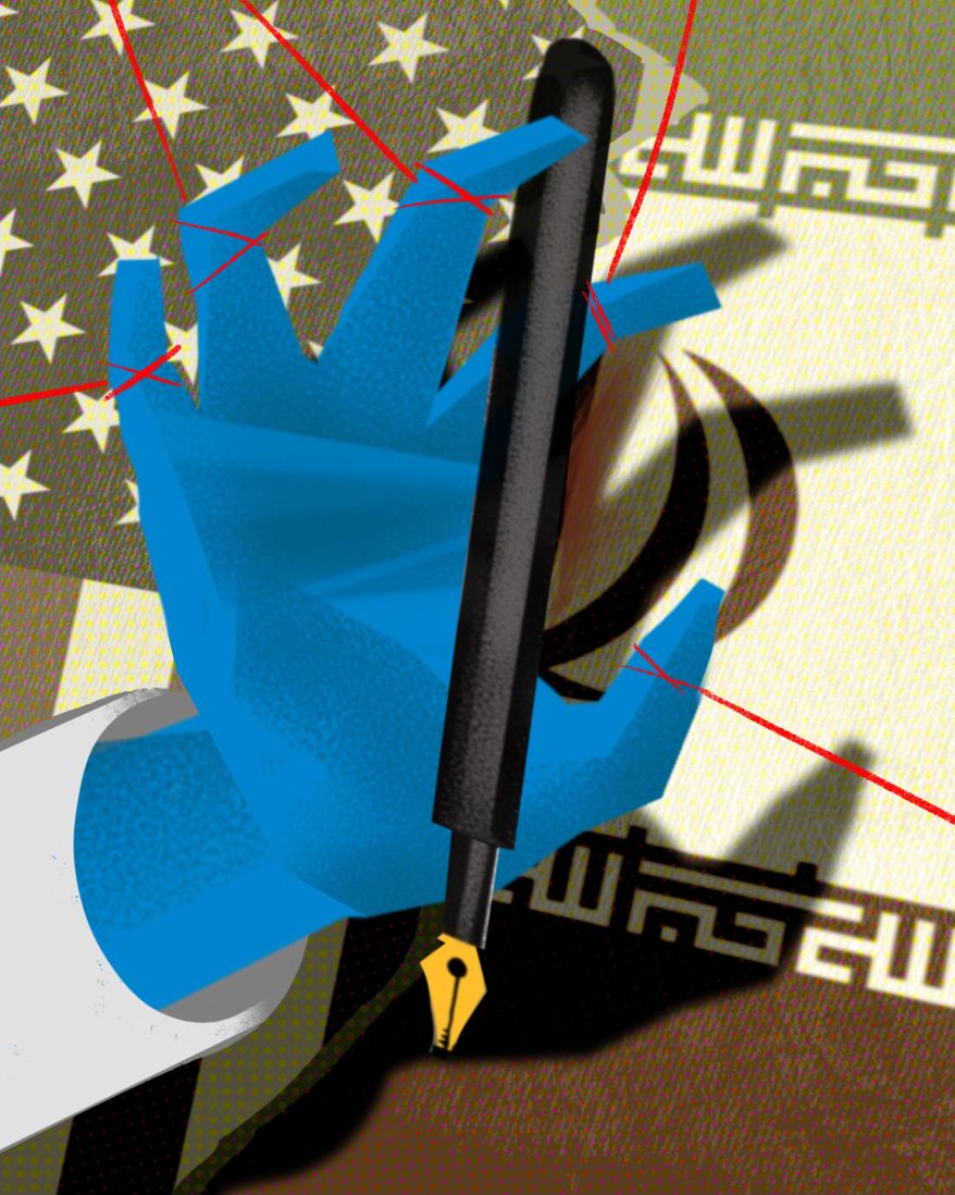 Iran and the United States of America's memorandum of understanding (MOU) illustration by Linas Garsys / The Washington Times