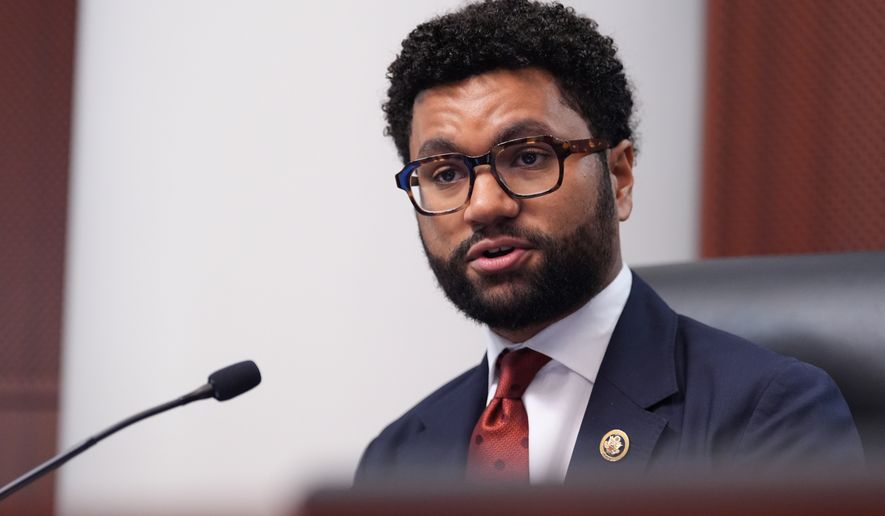 FILE - Rep. Maxwell Frost, D-Fla., speaks during a field hearing by House Oversight Committee Democrats focused on the Epstein Investigation, May 12, 2026, in West Palm Beach, Fla. (AP Photo/Rebecca Blackwell, File)