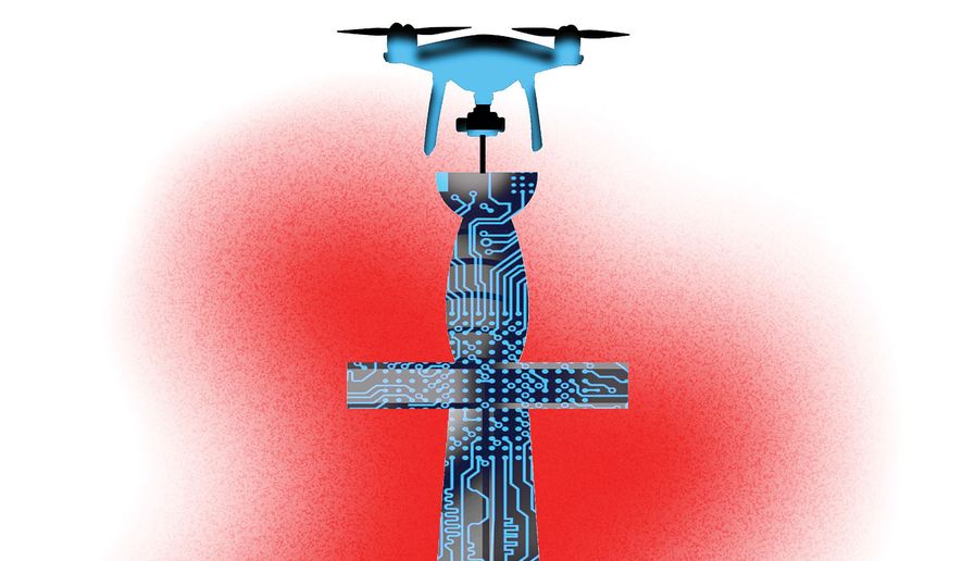 Military drone production and war strategy illustration by Alexander Hunter/The Washington Times