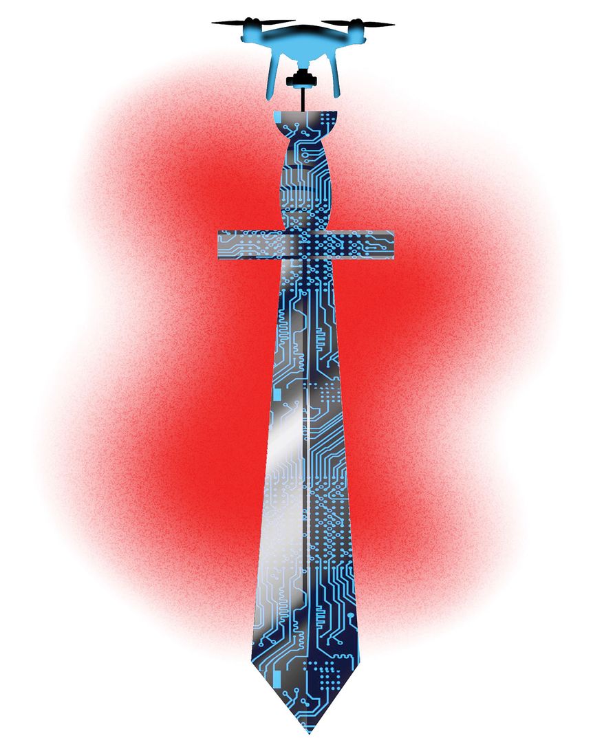 Military drone production and war strategy illustration by Alexander Hunter/The Washington Times