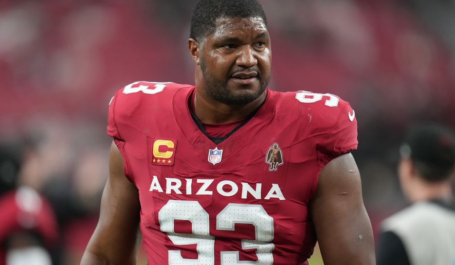 FILE - Arizona Cardinals defensive tackle Calais Campbell (93) during an NFL football game against the Jacksonville Jaguars on Nov. 23, 2025, in Glendale. (AP Photo/Rick Scuteri, File)