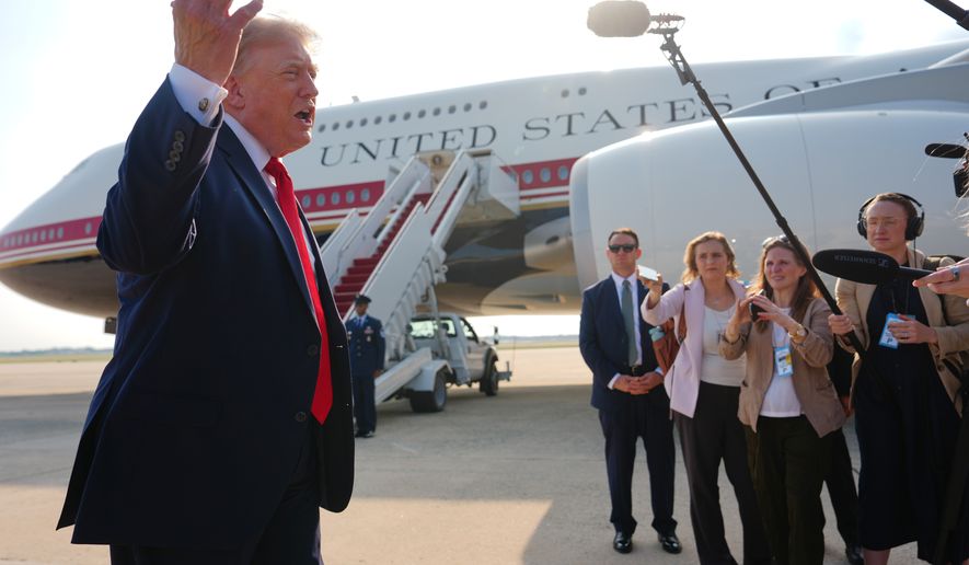President Donald Trump speaks to reporters before boarding Air Force One, Wednesday, July 1, 2026, at Joint Base Andrews, Md. (AP Photo/Julia Demaree Nikhinson)