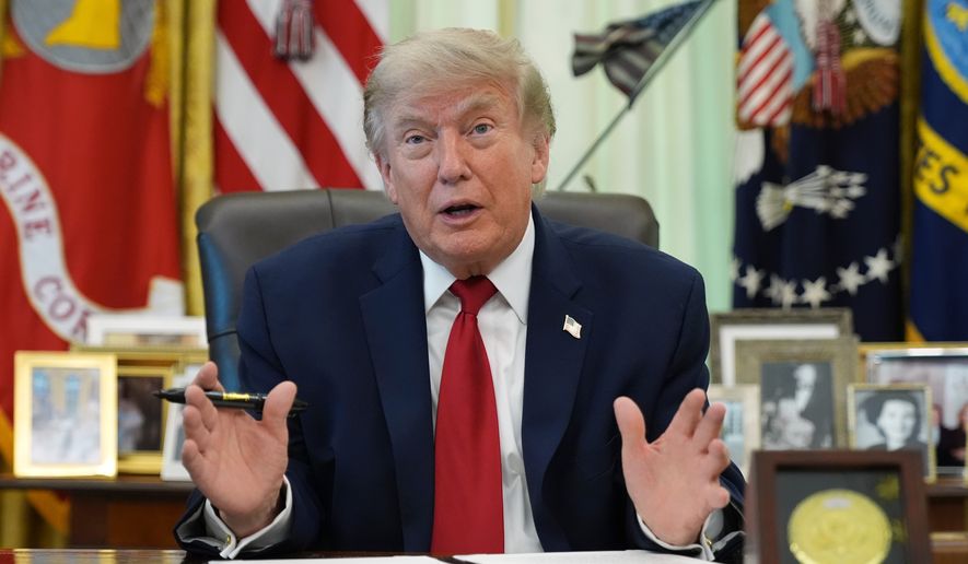 President Donald Trump speaks before signing a presidential memo to the EPA on pollution control in vehicles, in the Oval Office of the White House, Monday, June 29, 2026, in Washington. (AP Photo/Jacquelyn Martin)