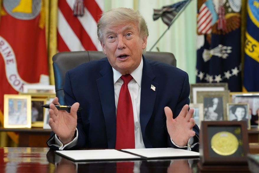 President Donald Trump speaks before signing a presidential memo to the EPA on pollution control in vehicles, in the Oval Office of the White House, Monday, June 29, 2026, in Washington. (AP Photo/Jacquelyn Martin)
