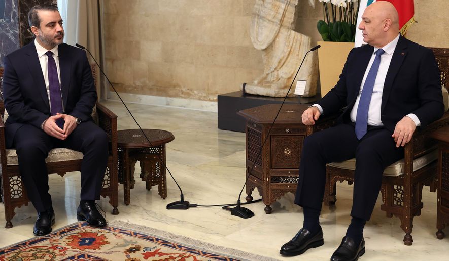 In this photo released by the Lebanese Presidency press office, Lebanese President Joseph Aoun (right) meets with Syrian Foreign Minister Asaad al-Shibani at the presidential palace in Baabda, east of Beirut, Lebanon, on Thursday, July 2, 2026. (Lebanese Presidency press office via AP)