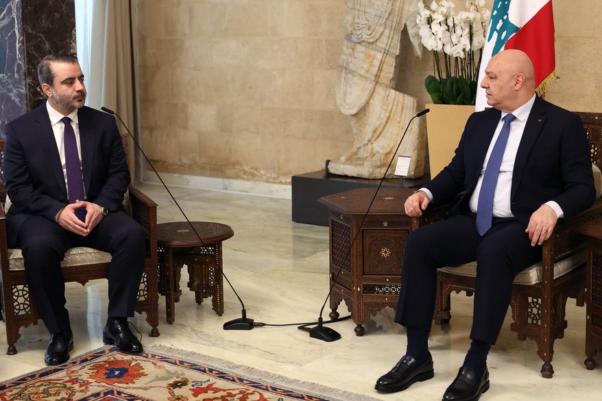 In this photo released by the Lebanese Presidency press office, Lebanese President Joseph Aoun (right) meets with Syrian Foreign Minister Asaad al-Shibani at the presidential palace in Baabda, east of Beirut, Lebanon, on Thursday, July 2, 2026. (Lebanese Presidency press office via AP)