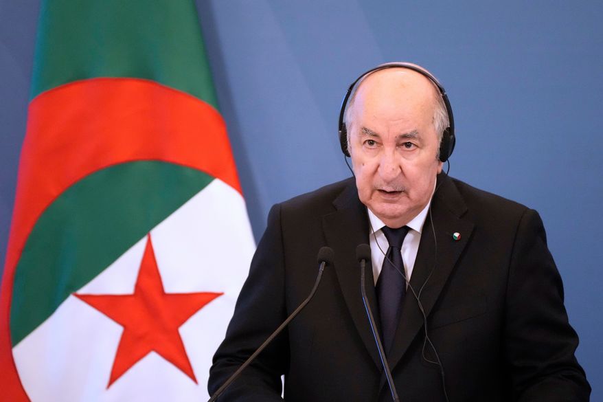 FILE -Algeria's President Abdelmadjid Tebboune during his meeting with Italian Premier Giorgia Meloni at Villa Pamphilj in Rome, July 23, 2025. (AP Photo/Gregorio Borgia, File)