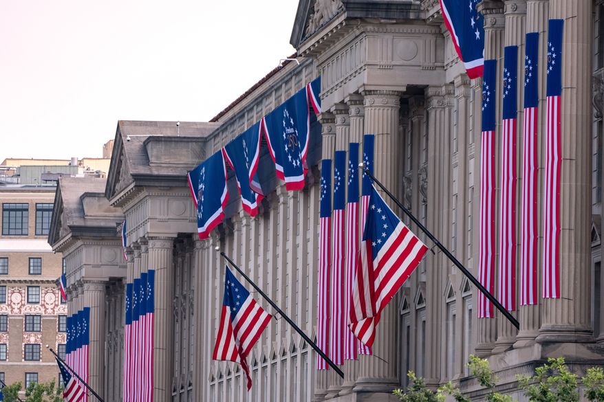The Commerce Department is decorated for the Fourth of July celebration, Thursday, July 2, 2026, in Washington. (AP Photo/Alex Brandon)