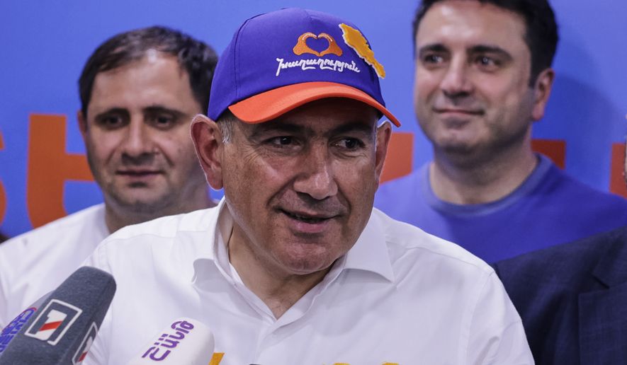 FILE - Armenian Prime Minister Nikol Pashinyan speaks at his Armenia Ruling Civil Contract party headquarters after parliamentary elections in Yerevan, Armenia, Monday, June 8, 2026. (AP Photo/Anthony Pizzoferrato, File)