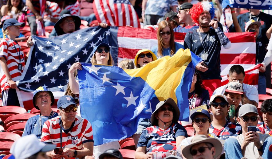 Spectators fill the stadium ahead of the World Cup Round of 32 match between USA and Bosnia and Herzegovina at the San Francisco Bay Area Stadium in Santa Clara, Calif. on Wednesday, July 01, 2026. (Santiago Mejia/San Francisco Chronicle via AP)